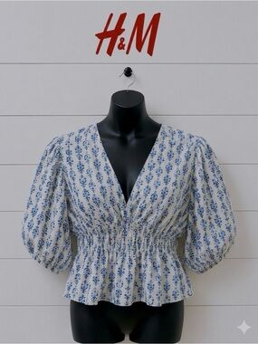 H&M Blue White Puff Sleeve Blouse XXL